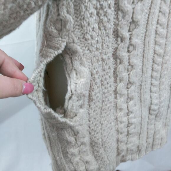 INIS CRAFTS IRELAND Merino Wool Oatmeal Button Down Hooded Cable Knit Sweater S - Picture 7 of 11